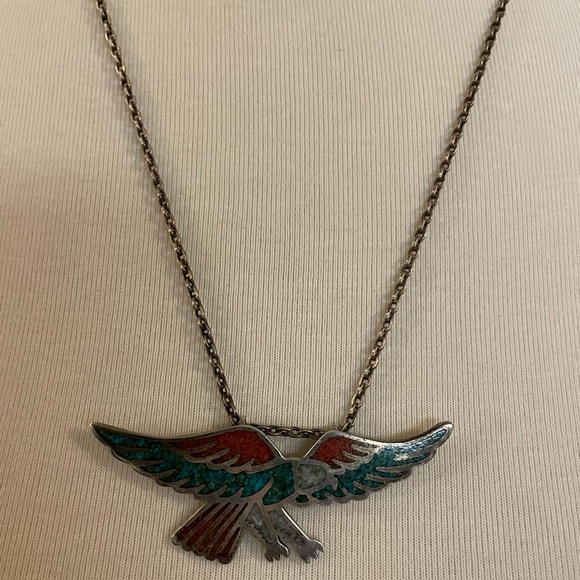 Vintage Silver Turquoise Coral Eagle Necklace - Picture 9 of 10